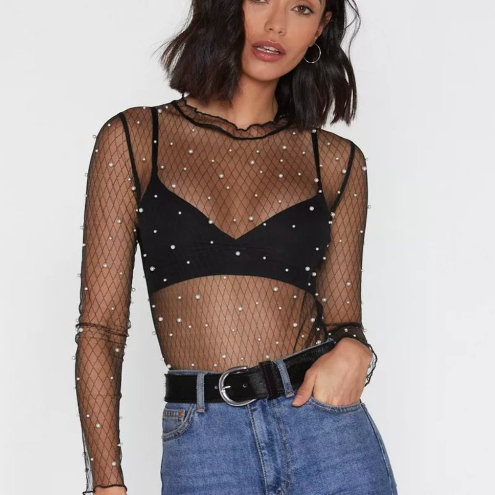 Nasty Gal Pearl Detail Long Sleeve Mesh Bodysuit / Size 6